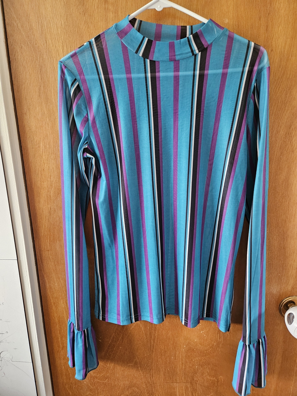 Mock Neck Long-Sleeve Stripe Top in Teal & Purple